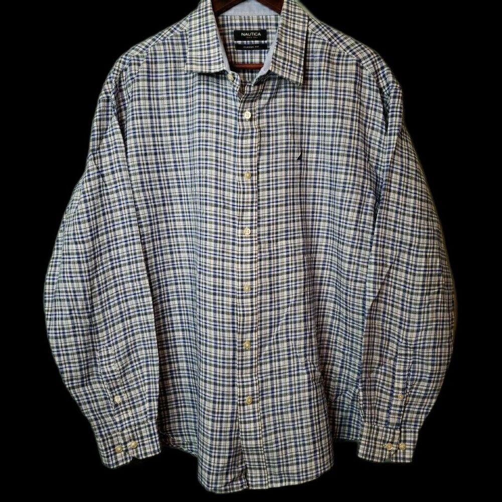 Nautica Mens Linen Shirt Long Sleeve Plaid Classic Fit Button Up Size 18 - 34/35